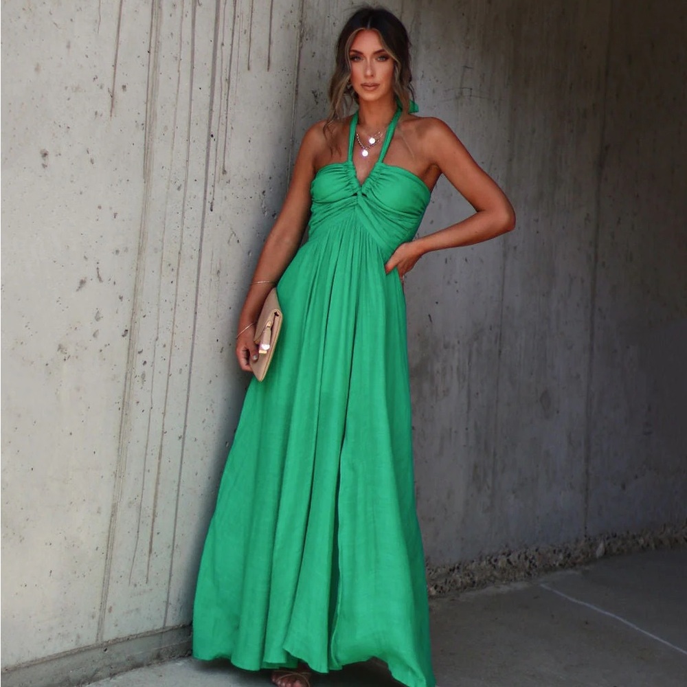 Elmhurst Ruched Halter Maxi Dress Green XS from VICI